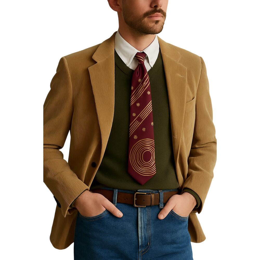 Vintage 100% Silk Geometric Tie – Handmade in Italy – Plum & Gold Pattern